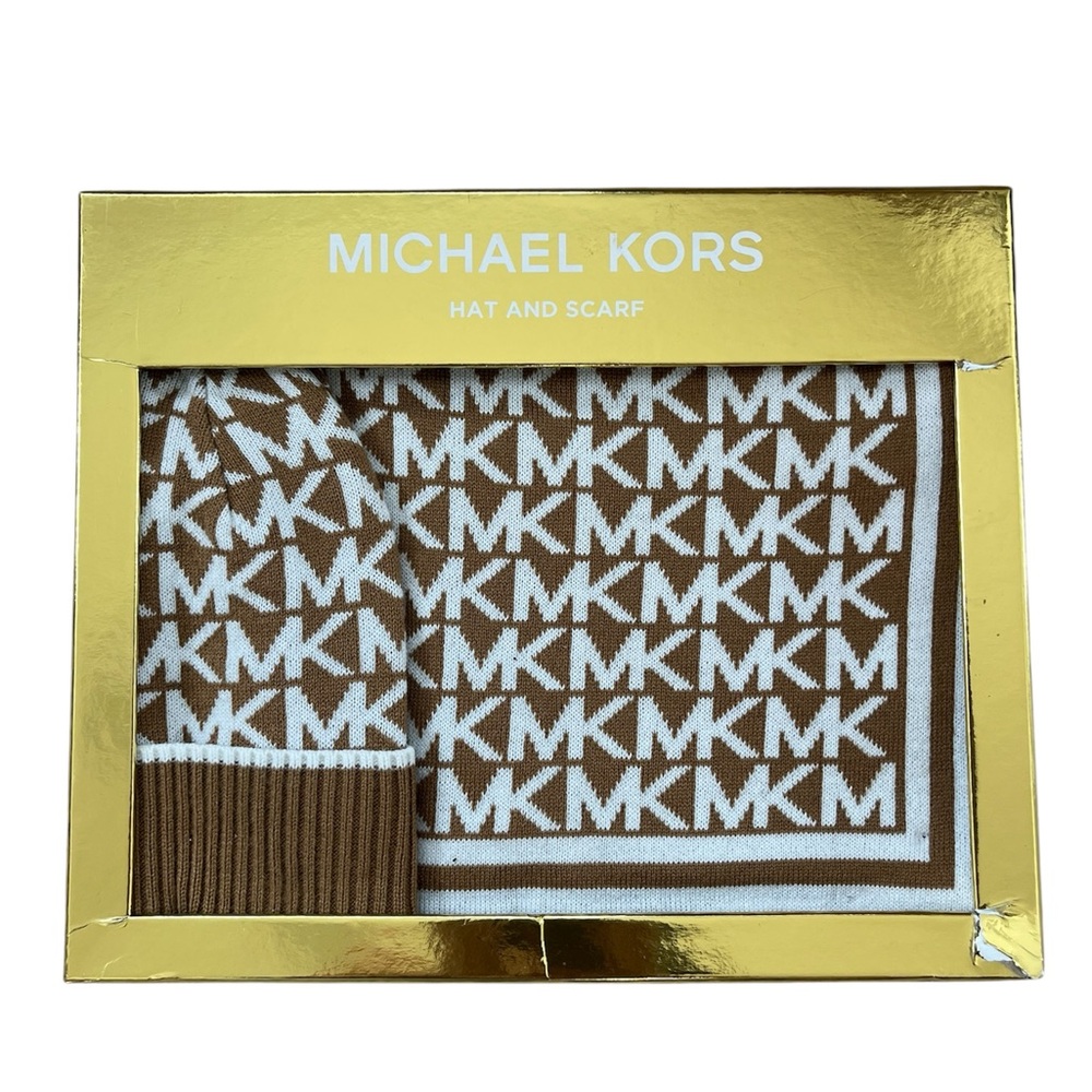 Michael Kors Brown and White Scarf and Hat Set